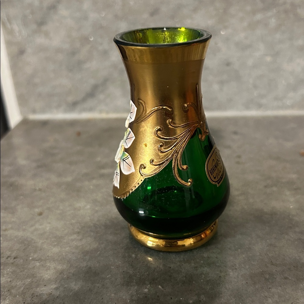 Bohemian Vintage Cobalt blue miniature glass vase, 24k gold enamel green - Picture 3 of 6